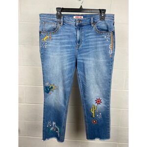 Johnny Was Cropped Embroidered Boyfriend Jeans Frayed Hem Boho Chic Size‎ 32